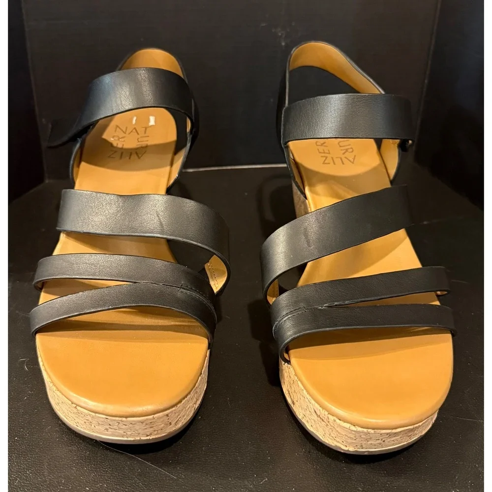 Naturalizer 6.5 M Cynthia Wedge Sandals Black Leather Cork Platform Straps NEW